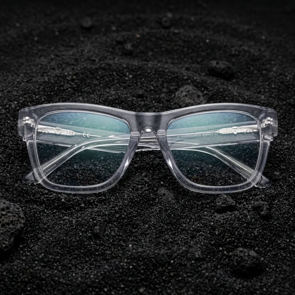 Lentes ópticos Barcelona 1 Transparente sobre arena volcánica texturizada diseño sustentable Bonoboss #editorial_sustentabilidad #color_transparente