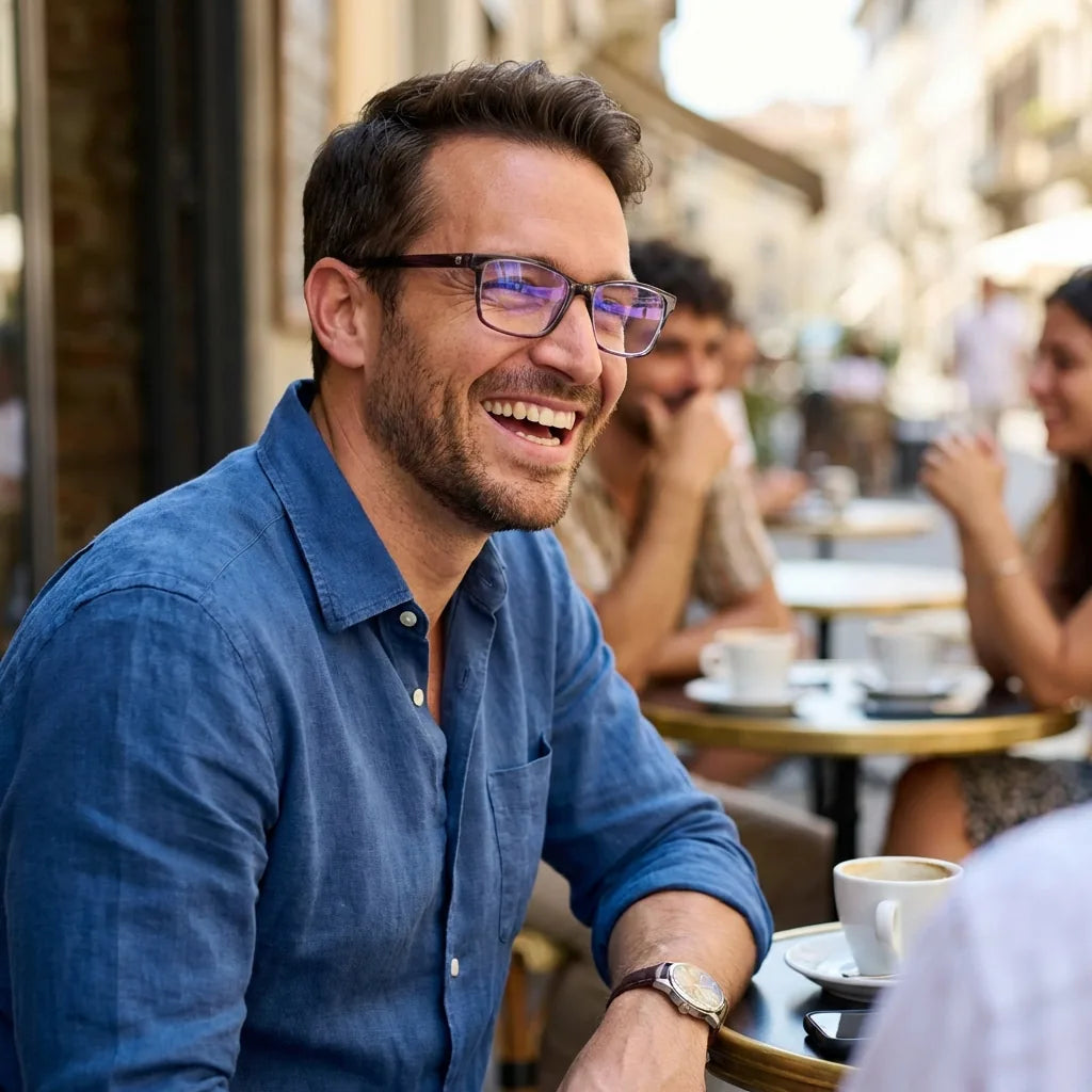 Lentes ópticos Canelillo Morado hombre en café con amigos ambiente social Bonoboss #editorial_lifestyle1 #color_morado