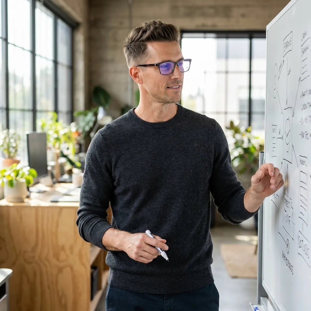 Lentes ópticos Canelillo Morado hombre profesional en coworking moderno Bonoboss #editorial_lifestyle2 #color_morado