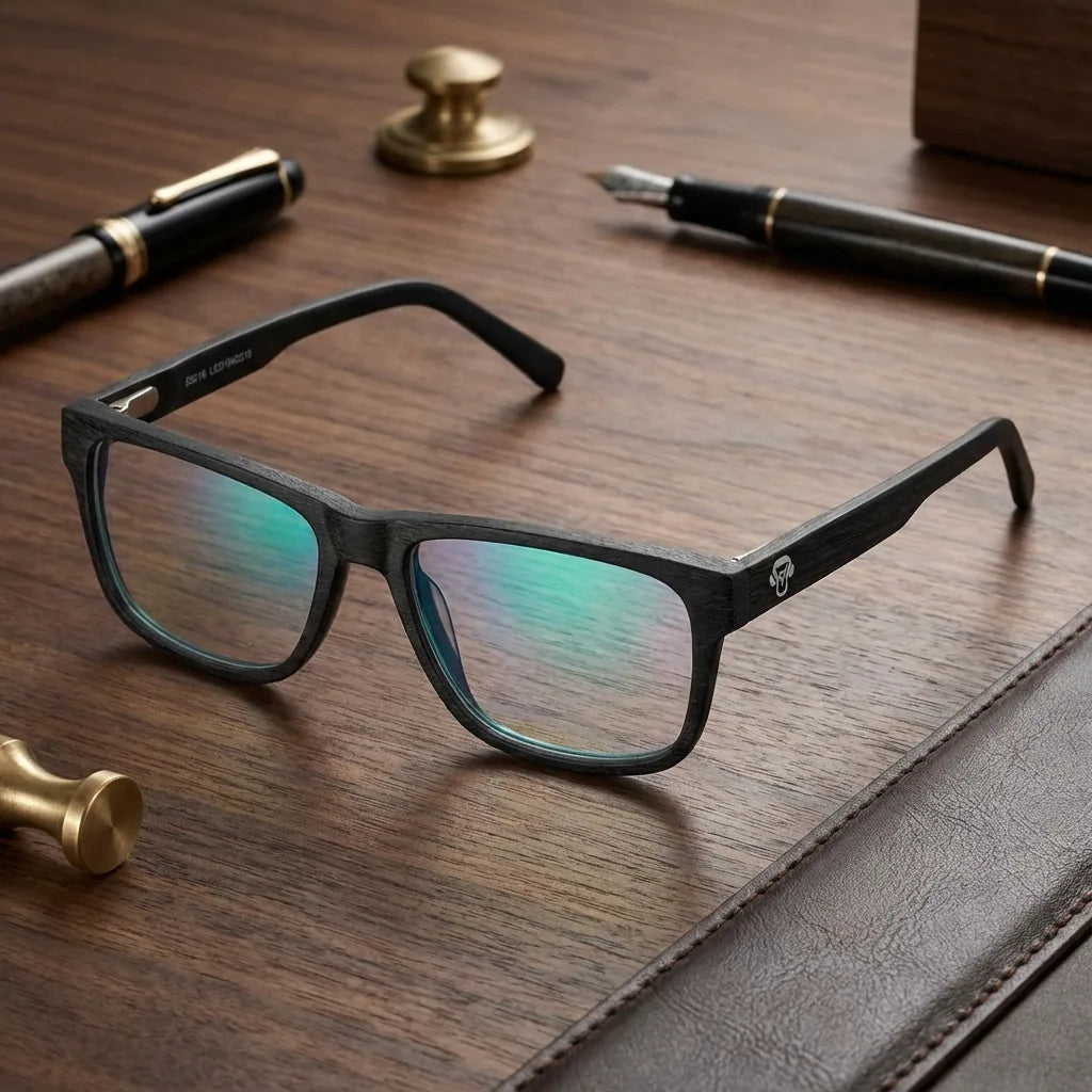 Lentes ópticos Canelo Black sobre escritorio de madera premium calidad premium receta Bonoboss #editorial_banner_confianza #color_black