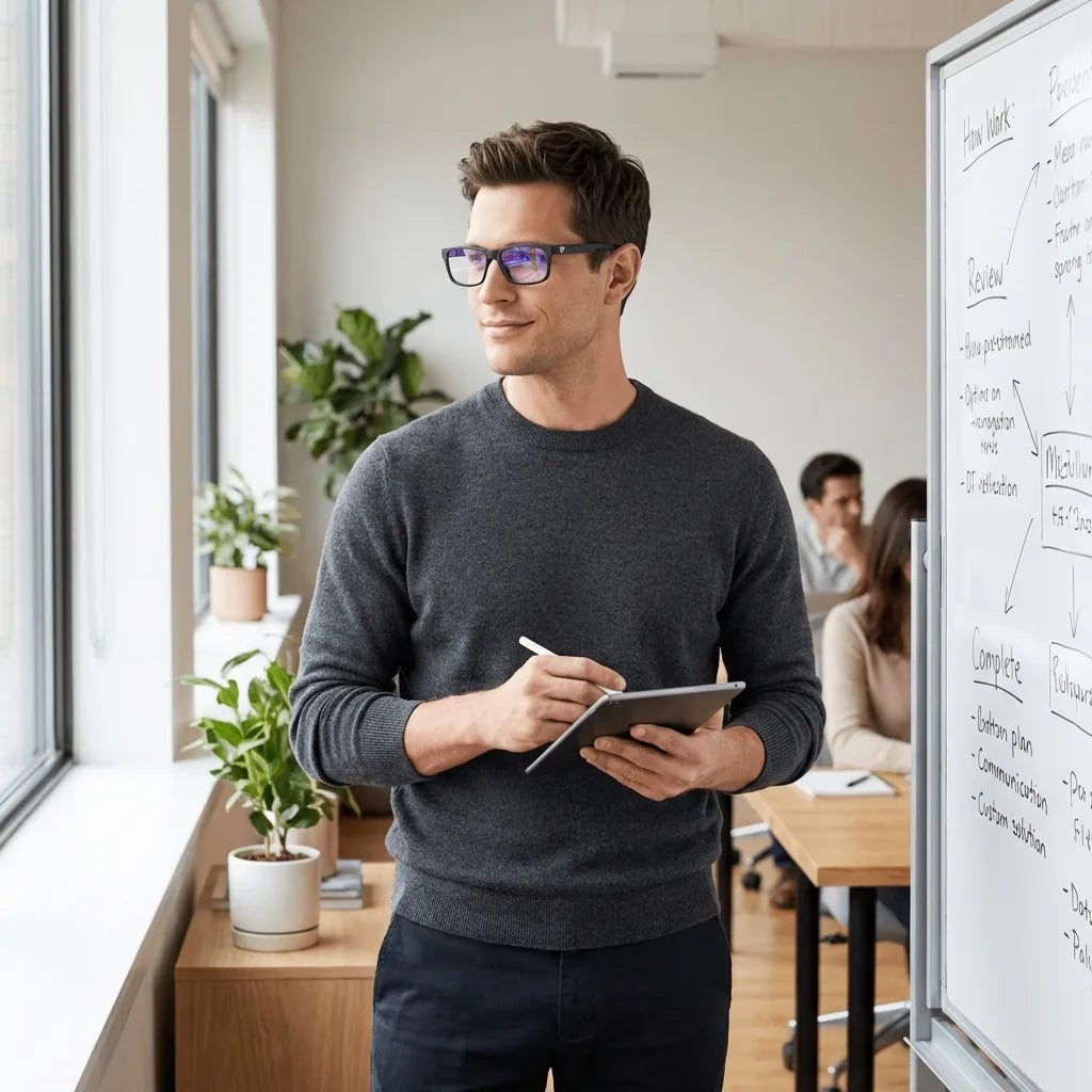 Lentes ópticos Canelo Black hombre profesional en coworking moderno Bonoboss #editorial_lifestyle2 #color_black