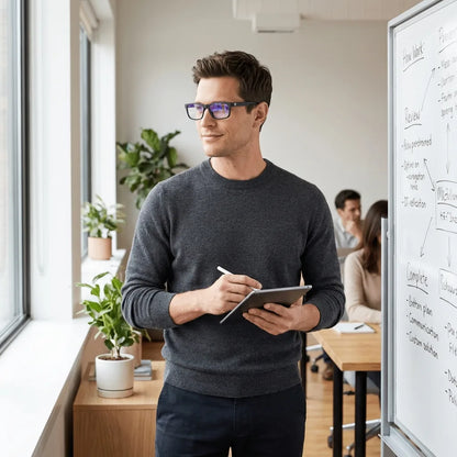 Lentes ópticos Canelo Black hombre profesional en coworking moderno Bonoboss #editorial_lifestyle2 #color_black