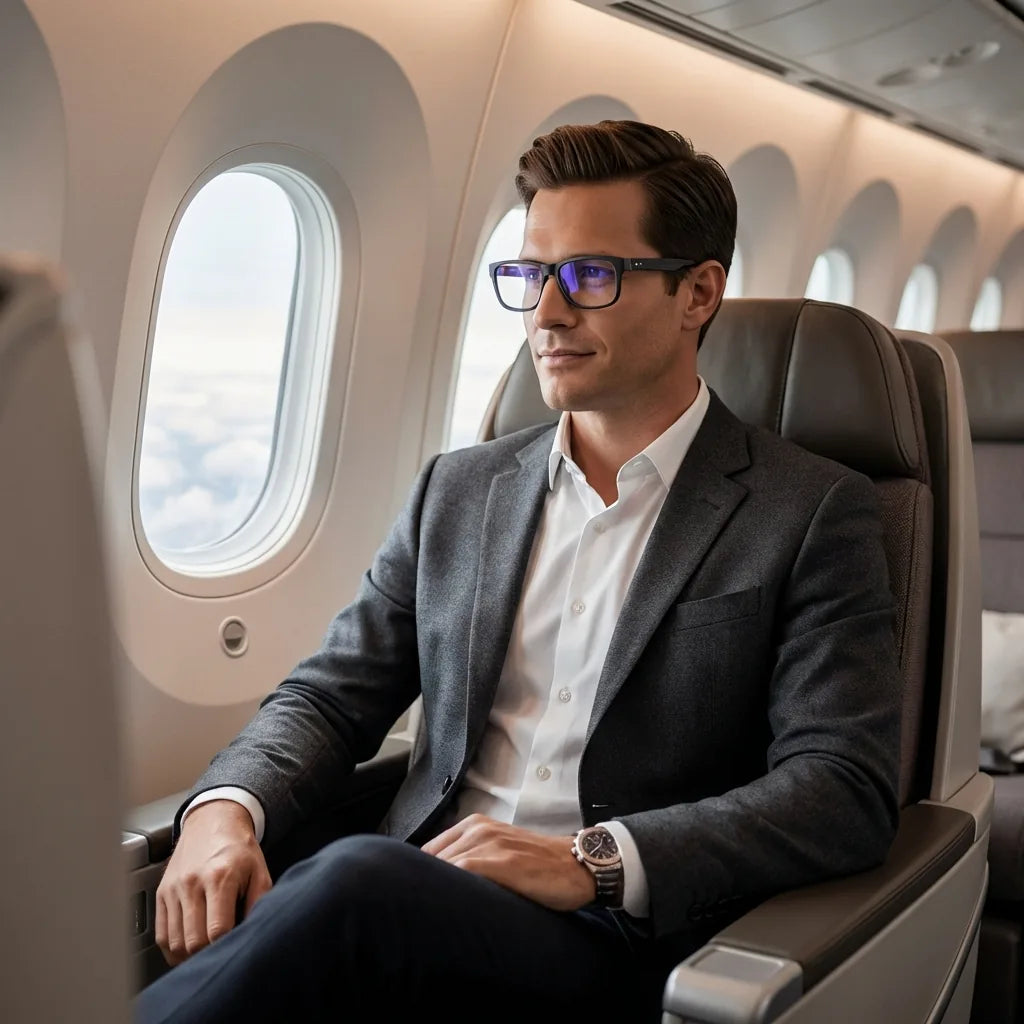 Lentes ópticos Canelo Black hombre ejecutivo en avión business class Bonoboss #editorial_lifestyle4 #color_black