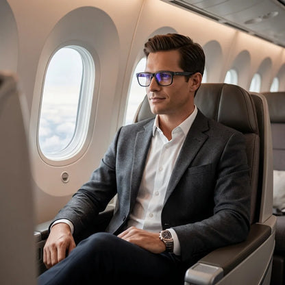 Lentes ópticos Canelo Black hombre ejecutivo en avión business class Bonoboss #editorial_lifestyle4 #color_black