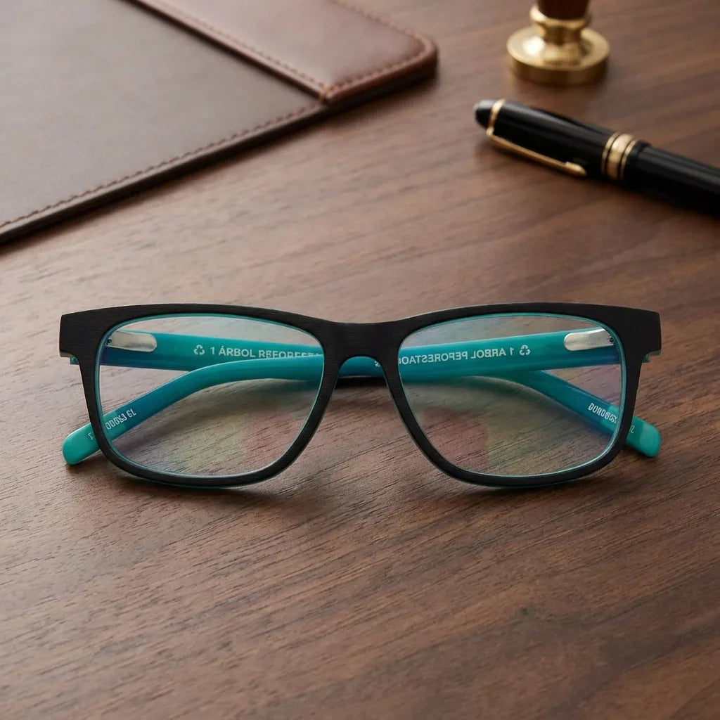 Lentes ópticos Canelo Darkblue sobre escritorio de madera premium armazón premium Bonoboss #editorial_armazon #color_darkblue