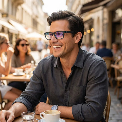 Lentes ópticos Canelo Darkblue hombre en café con amigos ambiente social Bonoboss #editorial_lifestyle1 #color_darkblue