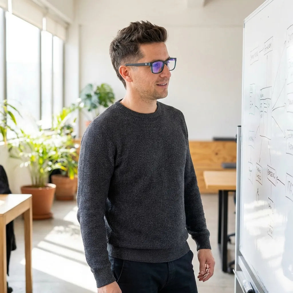 Lentes ópticos Canelo Darkblue hombre profesional en coworking moderno Bonoboss #editorial_lifestyle2 #color_darkblue