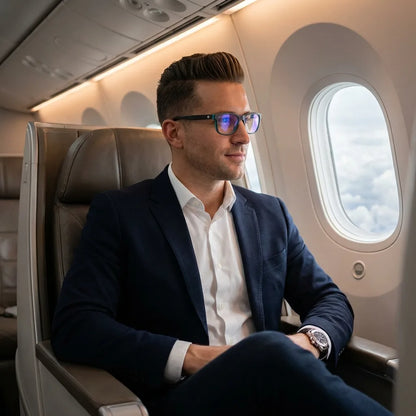 Lentes ópticos Canelo Darkblue hombre ejecutivo en avión business class Bonoboss #editorial_lifestyle4 #color_darkblue