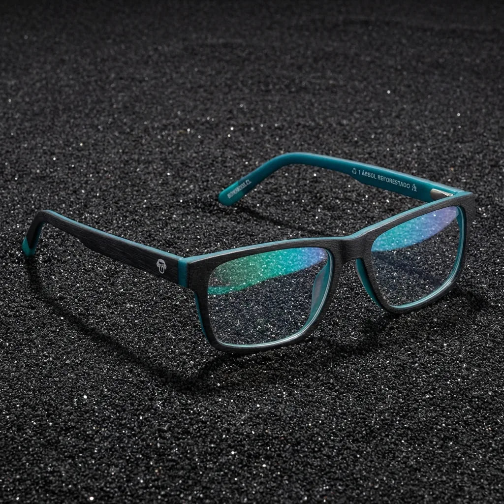 Lentes ópticos Canelo Darkblue sobre arena volcánica texturizada diseño sustentable Bonoboss #editorial_sustentabilidad #color_darkblue
