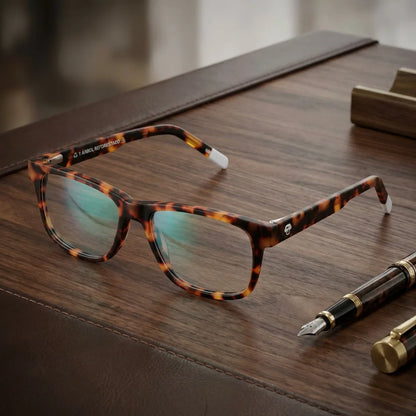 Lentes ópticos Canelo Carey sobre escritorio de madera premium calidad premium receta Bonoboss #editorial_banner_confianza #color_carey