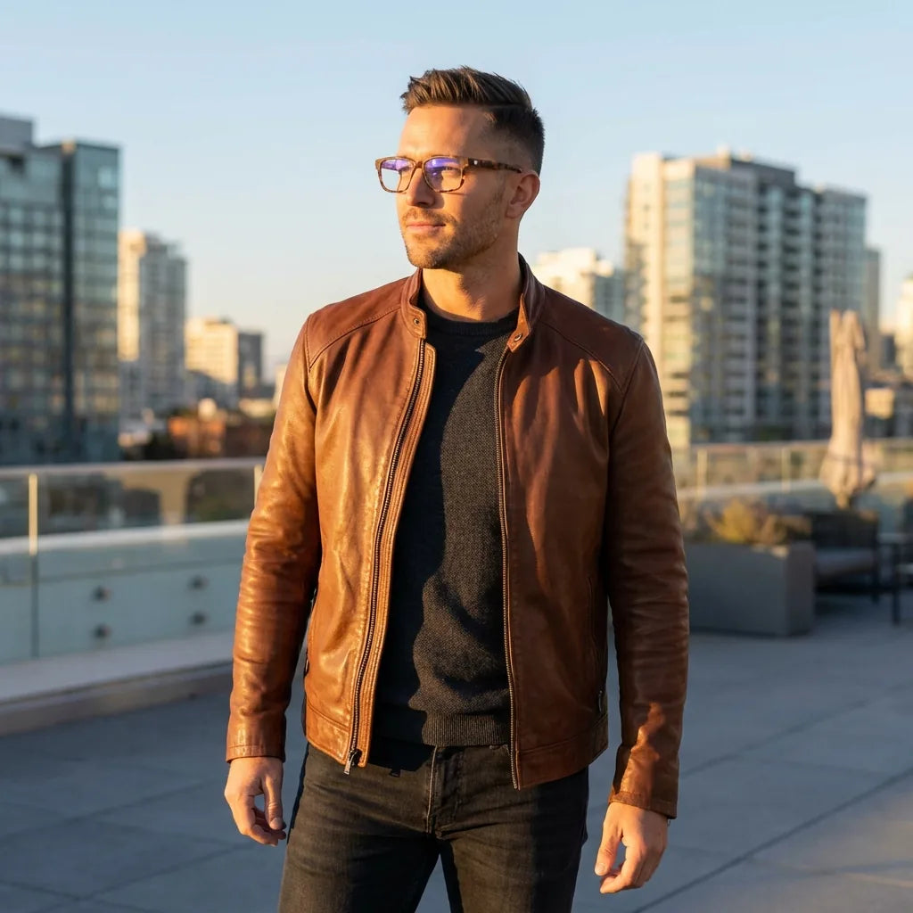 Lentes ópticos Canelo Carey hombre profesional en rooftop urbano atardecer Bonoboss #editorial_lifestyle1 #color_carey