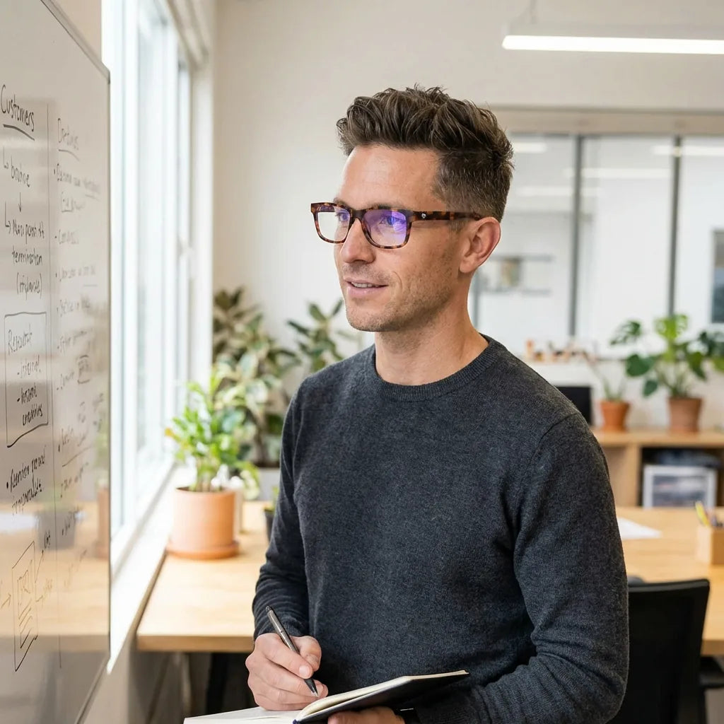 Lentes ópticos Canelo Carey hombre profesional en coworking moderno Bonoboss #editorial_lifestyle2 #color_carey