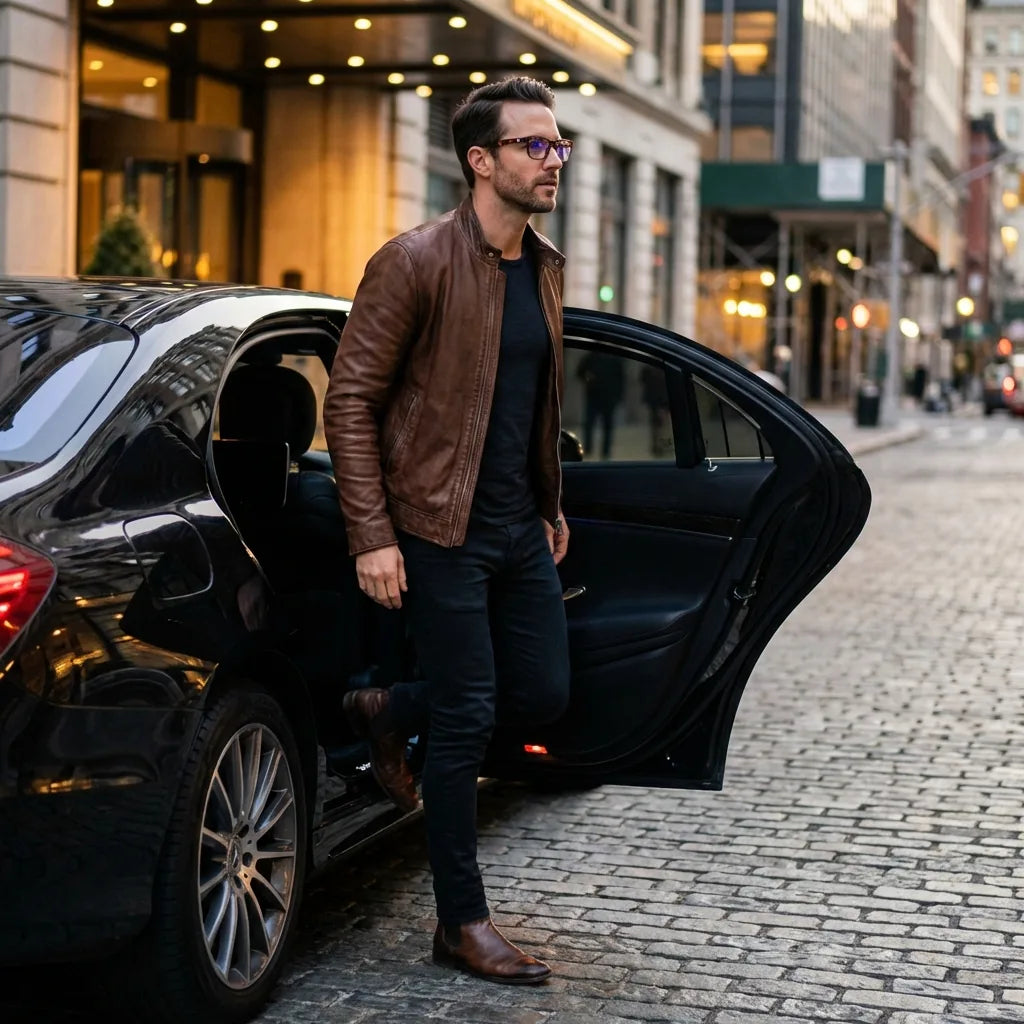 Lentes ópticos Canelo Carey hombre elegante bajando de auto premium Bonoboss #editorial_lifestyle4 #color_carey