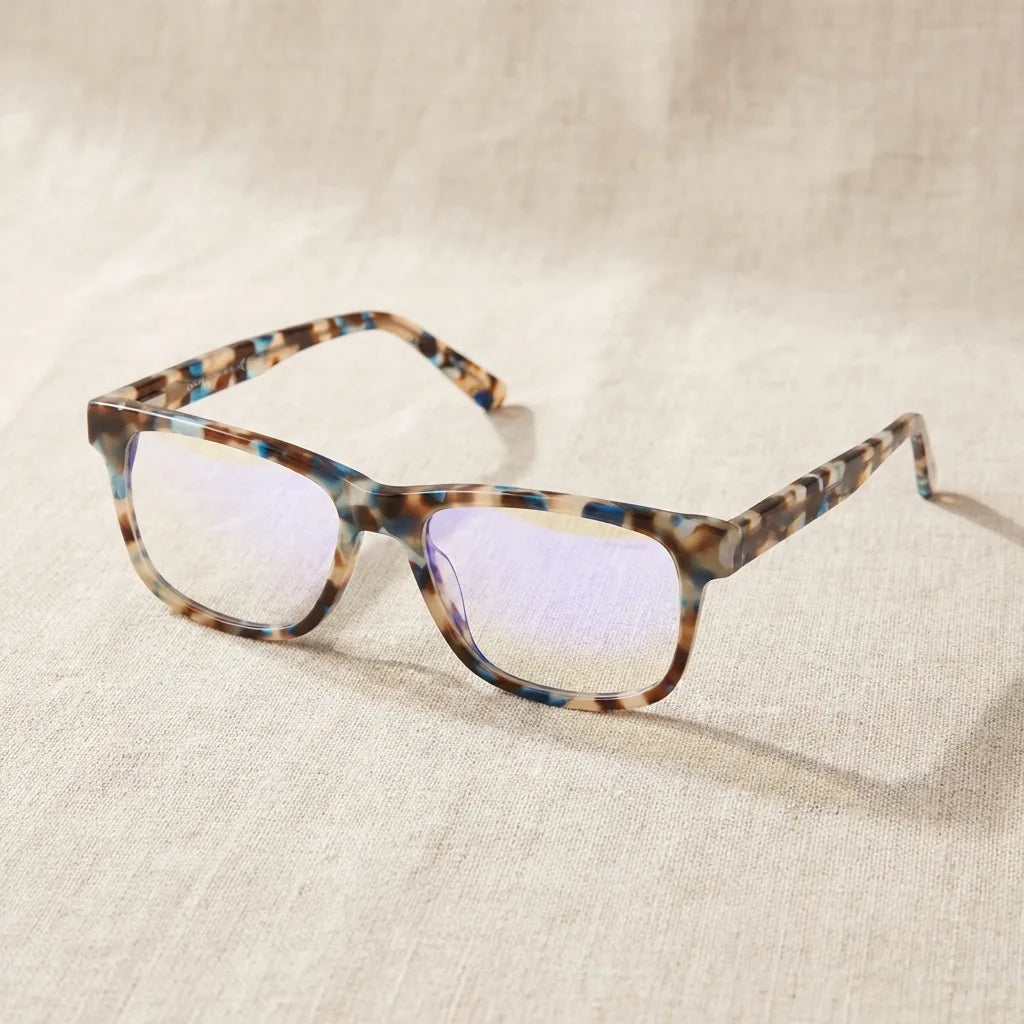 Lentes ópticos Canelo Blue sobre lino crudo artesanal armazón premium Bonoboss #editorial_armazon #color_blue