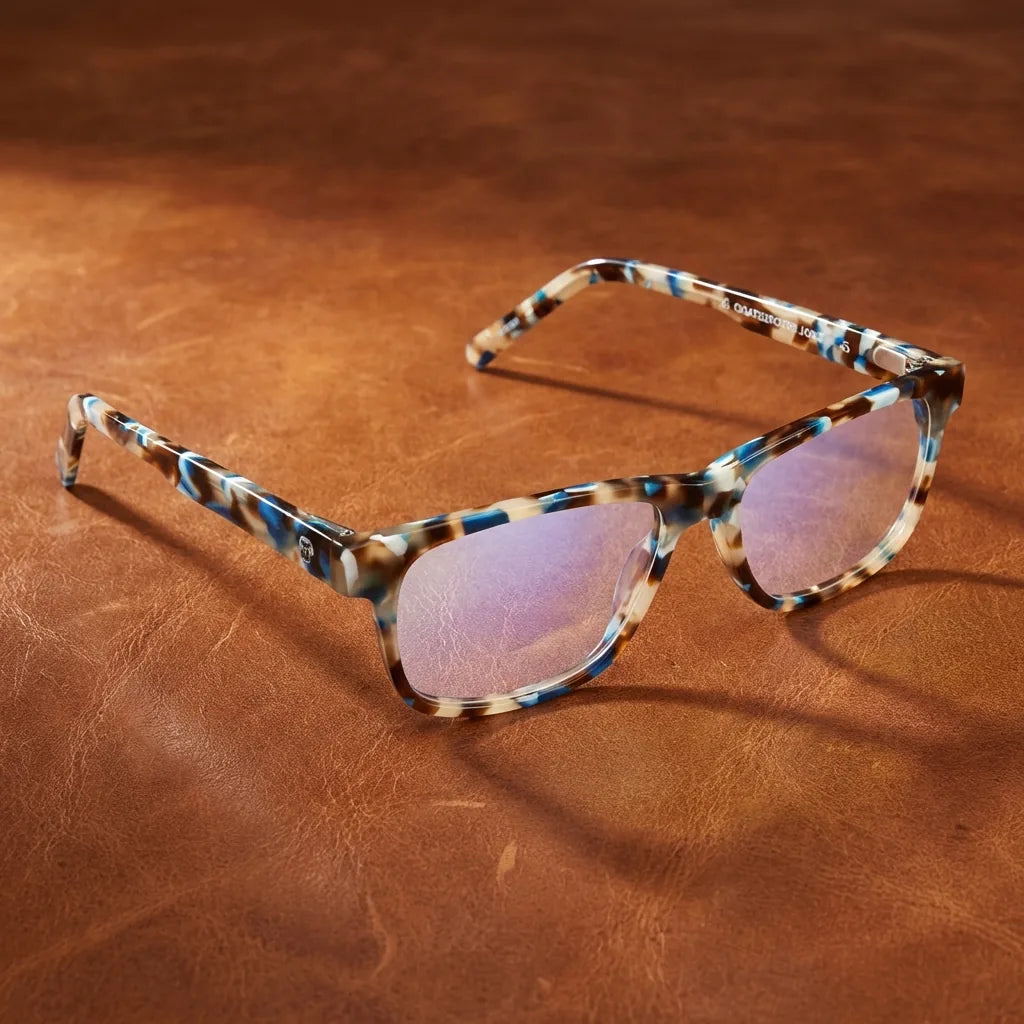 Lentes ópticos Canelo Blue sobre cuero cognac premium calidad premium receta Bonoboss #editorial_banner_confianza #color_blue