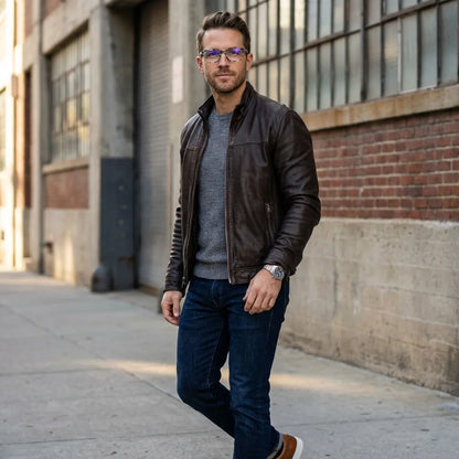 Lentes ópticos Canelo Blue hombre profesional en rooftop urbano atardecer Bonoboss #editorial_lifestyle1 #color_blue