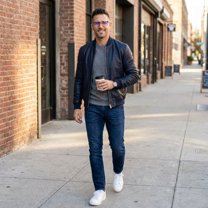 Lentes ópticos Canelo Blue hombre en café con amigos ambiente social Bonoboss #editorial_lifestyle2 #color_blue