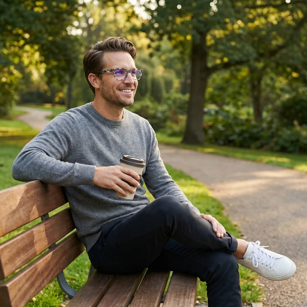 Lentes ópticos Canelo Blue hombre profesional en coworking moderno Bonoboss #editorial_lifestyle3 #color_blue