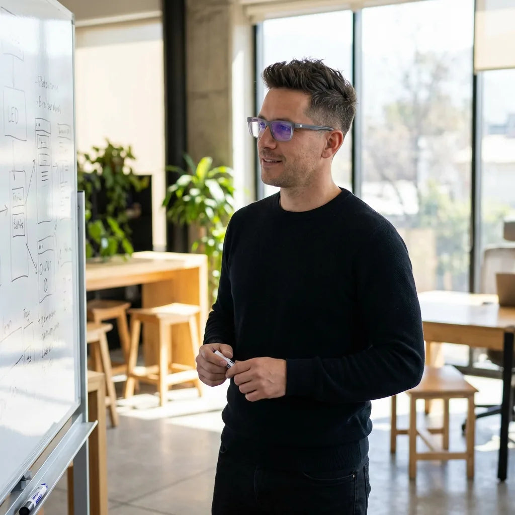 Lentes ópticos Canelo Transparente hombre profesional en coworking moderno Bonoboss #editorial_lifestyle2 #color_transparente