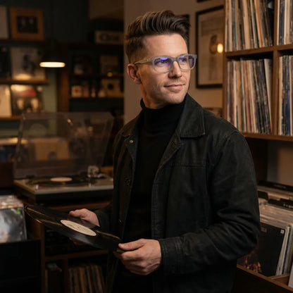 Lentes ópticos Canelo Transparente hombre escuchando vinilo estilo creativo Bonoboss #editorial_lifestyle3 #color_transparente