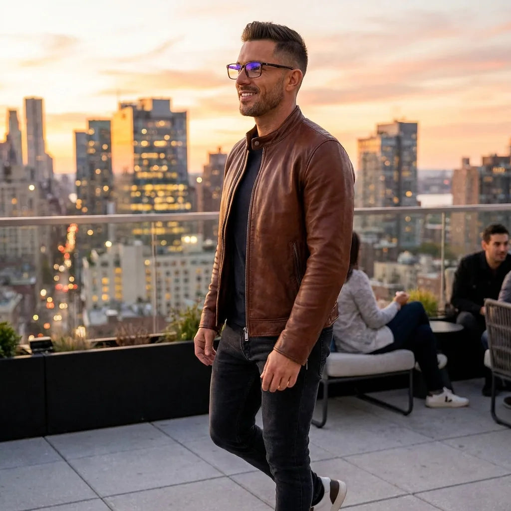 Lentes ópticos Canelo Carey hombre profesional en rooftop urbano atardecer Bonoboss #editorial_lifestyle1 #color_carey