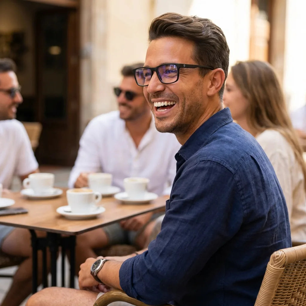 Lentes ópticos Canelo Negro hombre en café con amigos ambiente social Bonoboss #editorial_lifestyle1 #color_negro