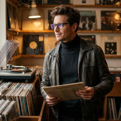 Lentes ópticos Canelo Negro hombre escuchando vinilo estilo creativo Bonoboss #editorial_lifestyle3 #color_negro
