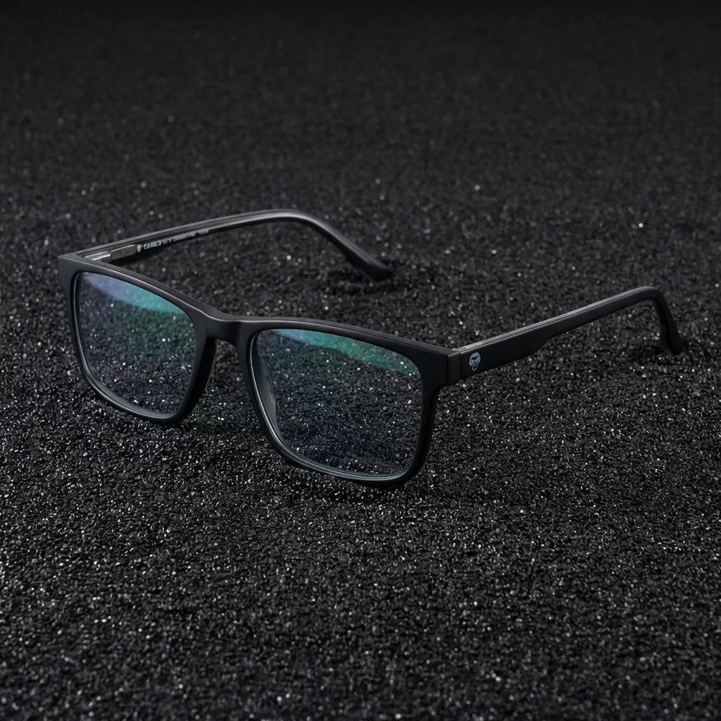 Lentes ópticos Canelo Negro sobre arena volcánica texturizada diseño sustentable Bonoboss #editorial_sustentabilidad #color_negro
