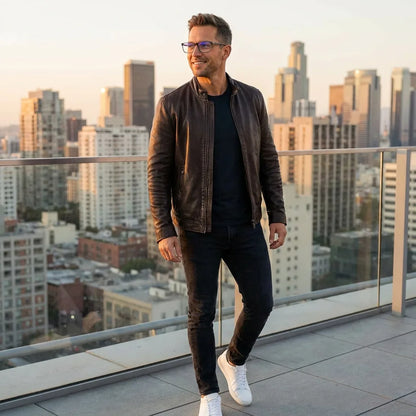 Lentes ópticos Canelo Transparente hombre profesional en rooftop urbano atardecer Bonoboss #editorial_lifestyle1 #color_transparente