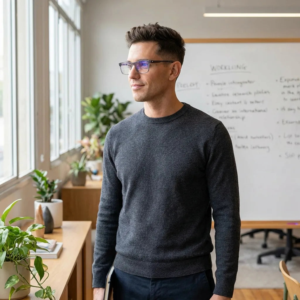 Lentes ópticos Canelo Transparente hombre profesional en coworking moderno Bonoboss #editorial_lifestyle3 #color_transparente