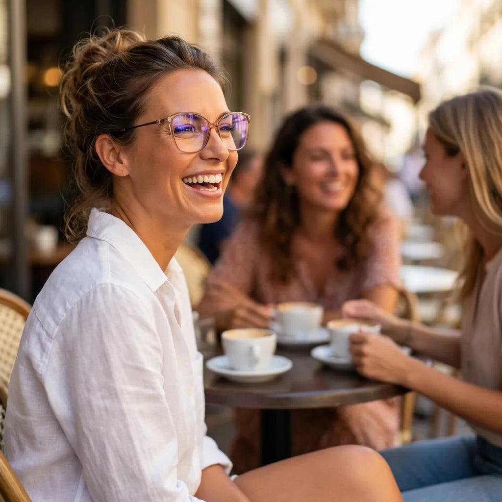 Lentes ópticos Carolina Champagne mujer en café con amigas ambiente social Bonoboss #editorial_lifestyle1 #color_champagne