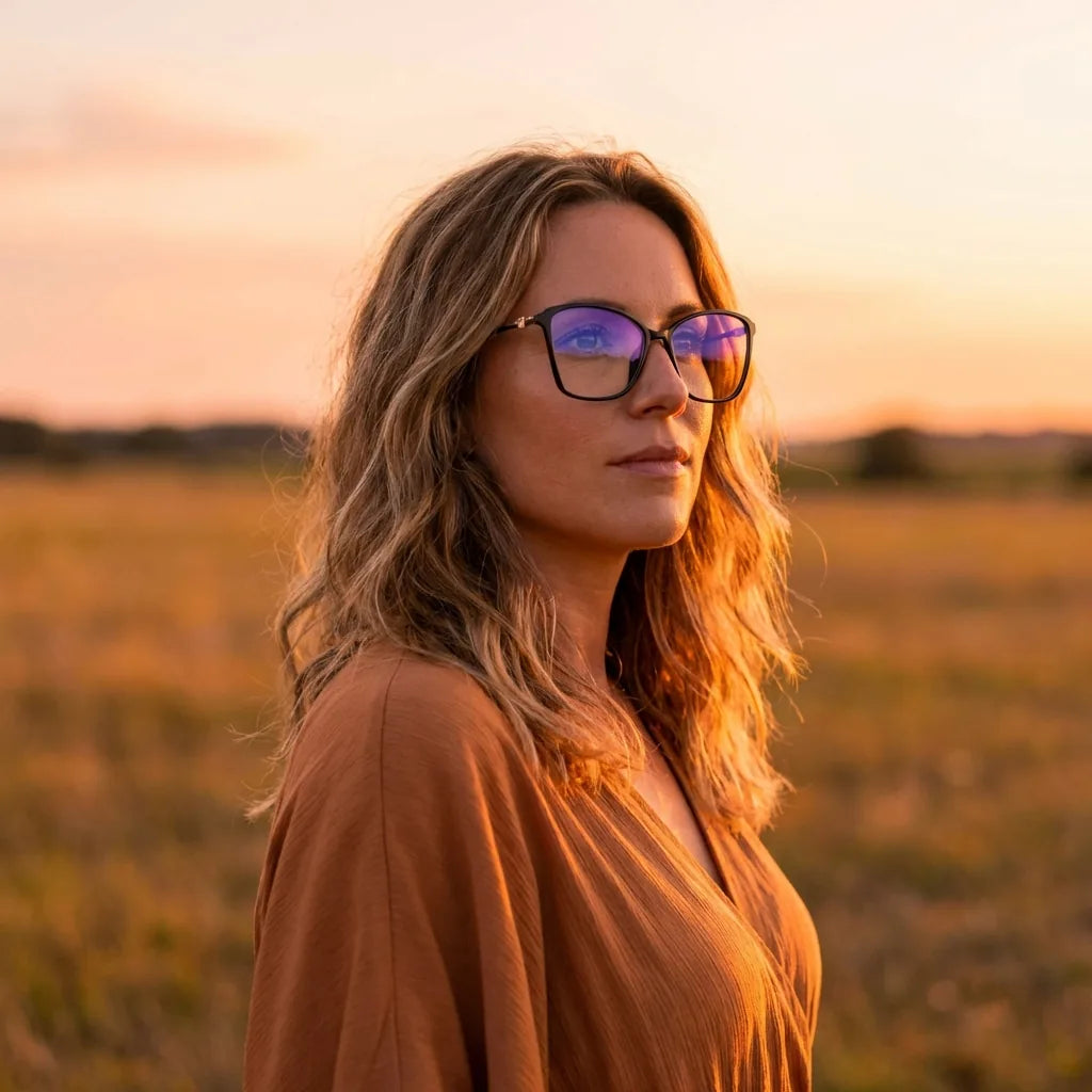 Lentes ópticos Carolina Negro mujer en luz dorada golden hour elegante Bonoboss #editorial_lifestyle2 #color_negro