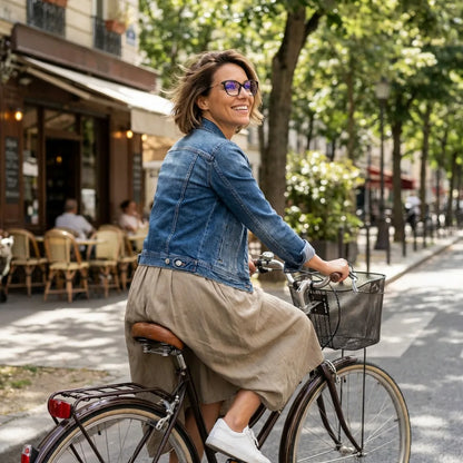 Lentes ópticos Carolina Negro mujer en bicicleta vintage café urbano Bonoboss #editorial_lifestyle3 #color_negro