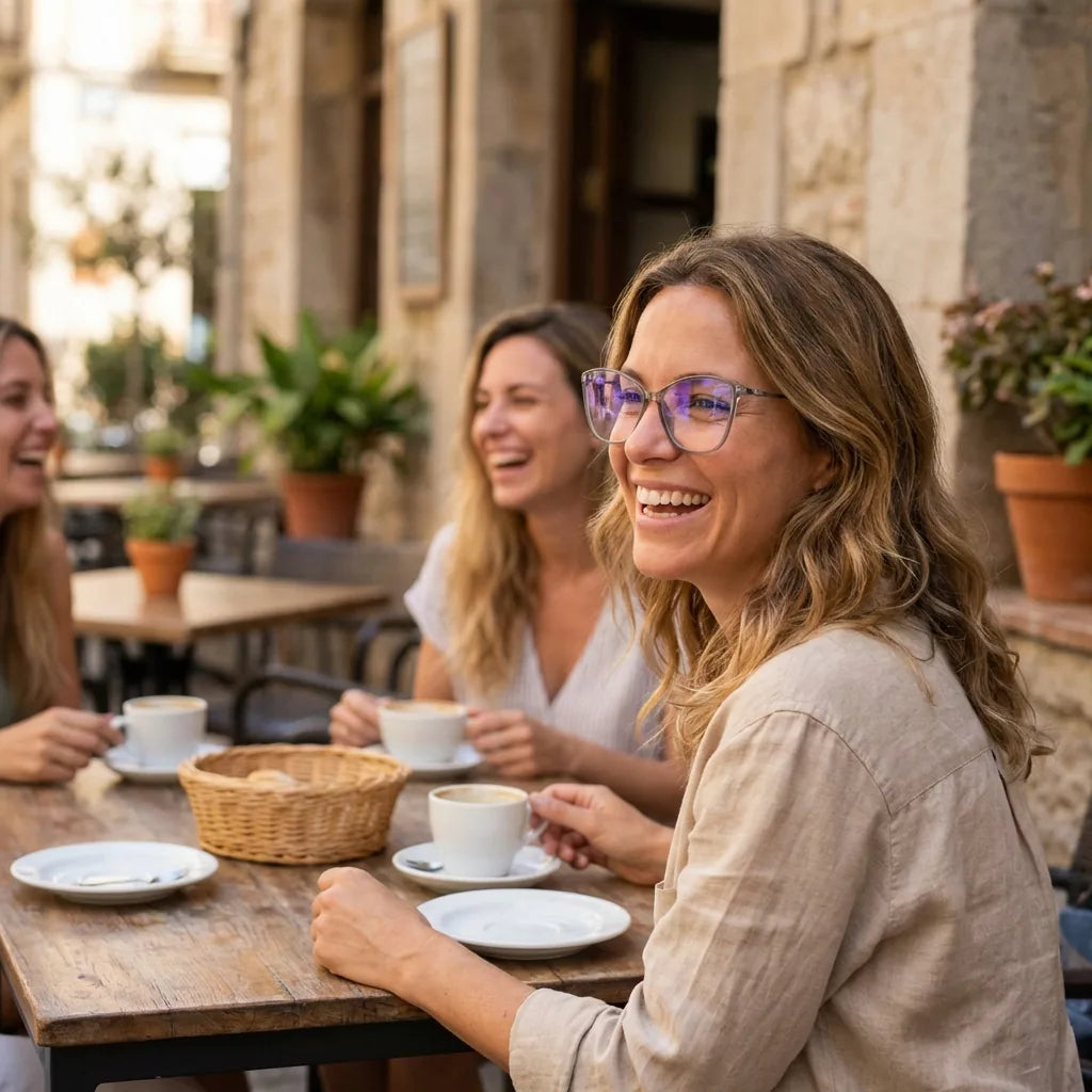Lentes ópticos Carolina Transparente mujer en café con amigas ambiente social Bonoboss #editorial_lifestyle1 #color_transparente