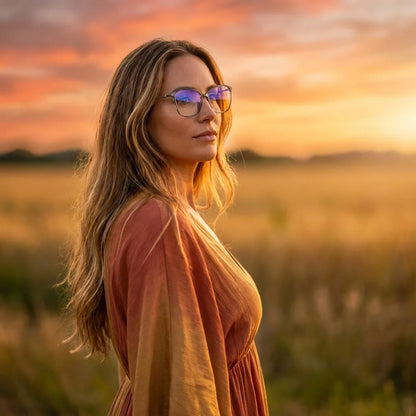 Lentes ópticos Carolina Transparente mujer en luz dorada golden hour elegante Bonoboss #editorial_lifestyle2 #color_transparente