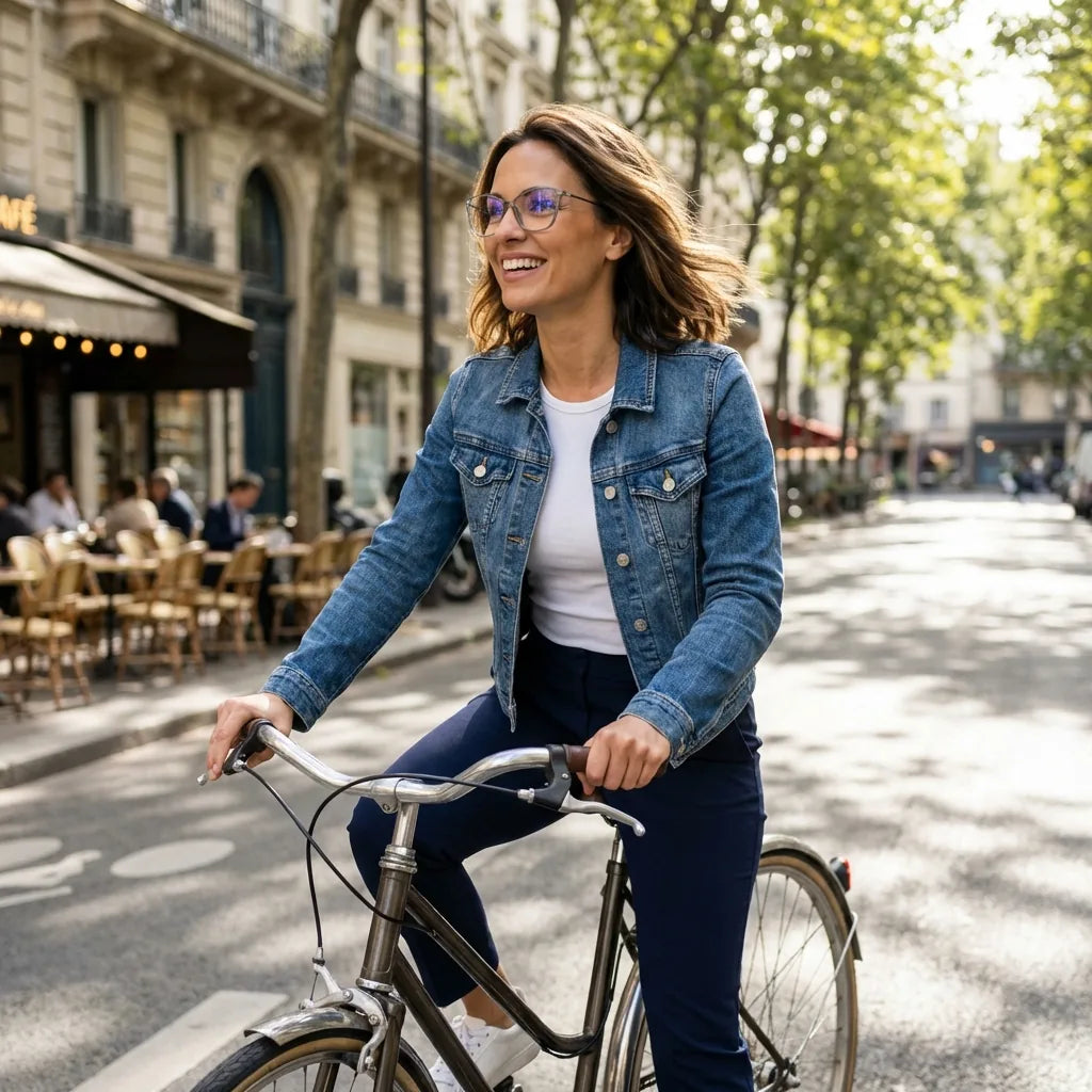Lentes ópticos Carolina Transparente mujer en bicicleta vintage café urbano Bonoboss #editorial_lifestyle3 #color_transparente