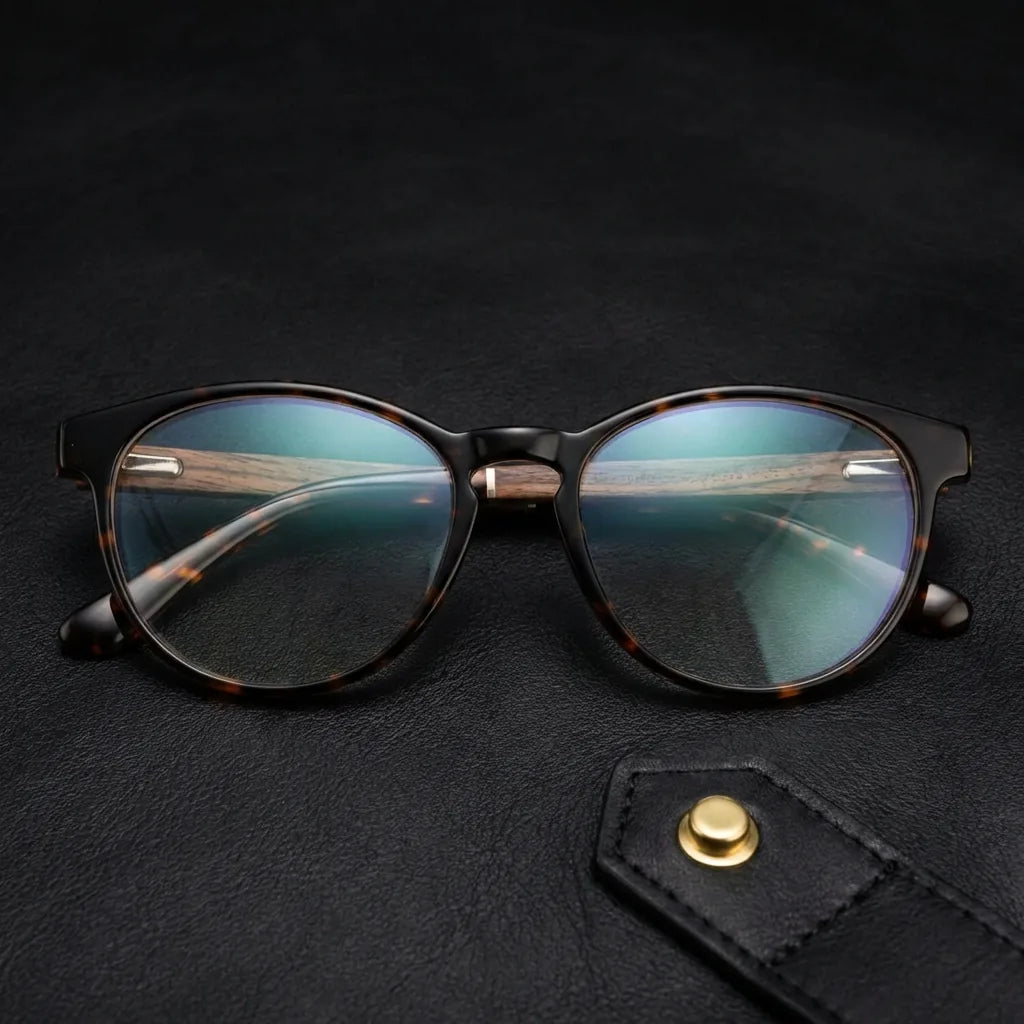 Lentes ópticos Chiloe Carey sobre cuero negro con detalle brass dorado calidad premium receta Bonoboss #editorial_banner_confianza #color_carey