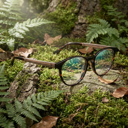 Lentes ópticos Chiloe Carey en bosque verde natural diseño sustentable Bonoboss #editorial_sustentabilidad #color_carey
