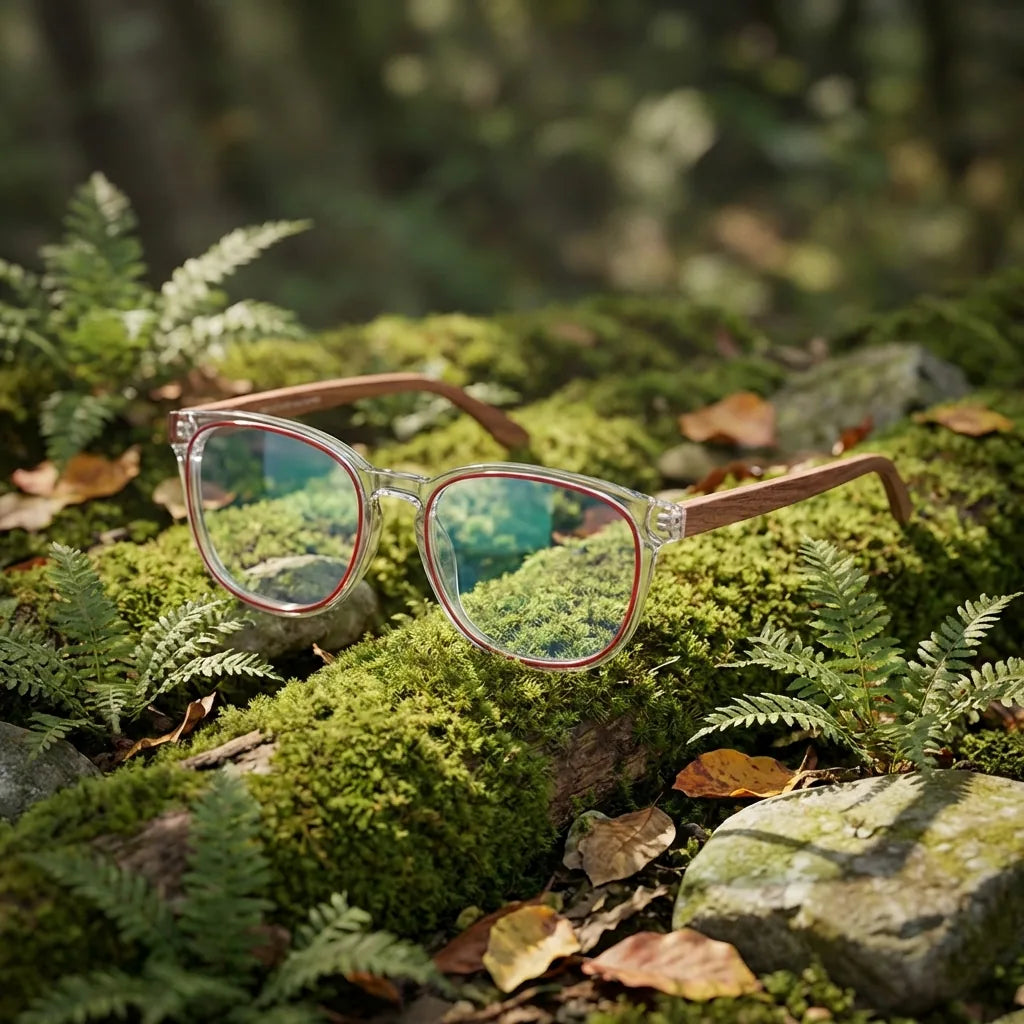 Lentes ópticos Chiloe Rojo en bosque verde natural diseño sustentable Bonoboss #editorial_sustentabilidad #color_rojo