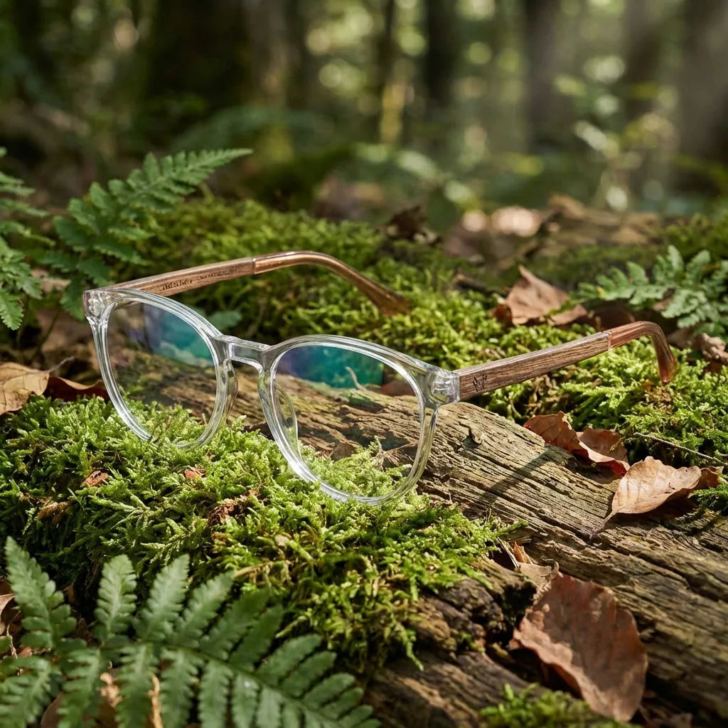 Lentes ópticos Chiloe Transparente en bosque verde natural diseño sustentable Bonoboss #editorial_sustentabilidad #color_transparente
