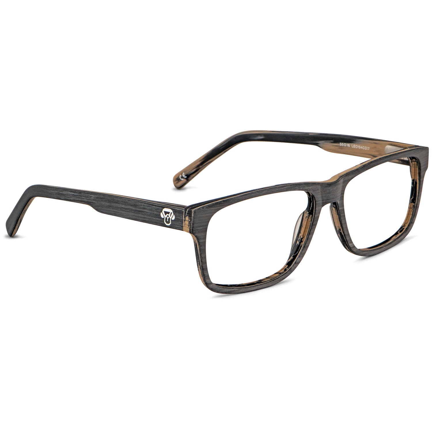 vista frontal de armazones o marcos opticos de material sustentable reciclado ecologico de forma rectangular de color negro para hombre y mujer de cara redonda#color_gris