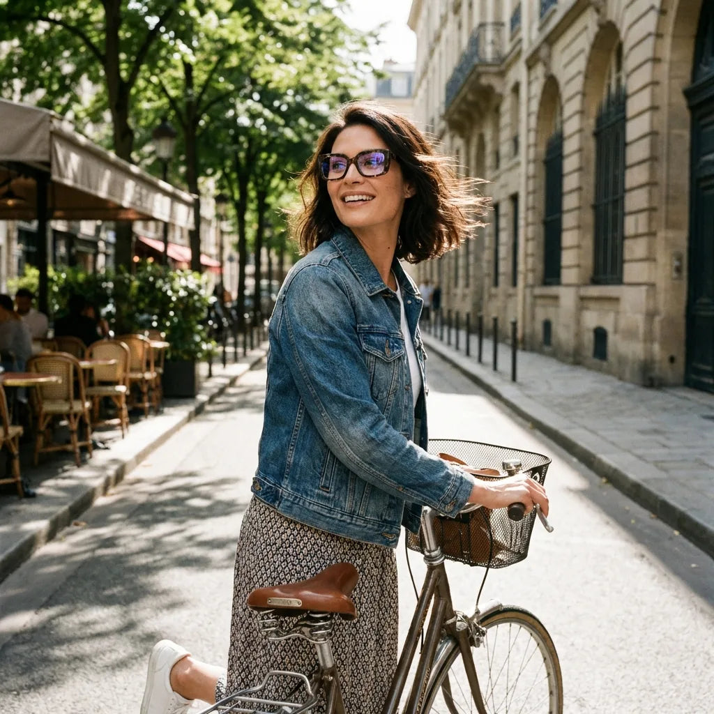 Lentes ópticos Domi Carey mujer en bicicleta vintage café urbano Bonoboss #editorial_lifestyle3 #color_carey