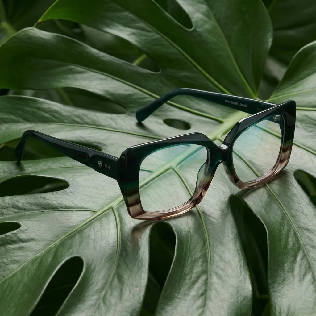Lentes ópticos Domi Verde entre hojas botánicas naturales diseño sustentable Bonoboss #editorial_sustentabilidad #color_verde