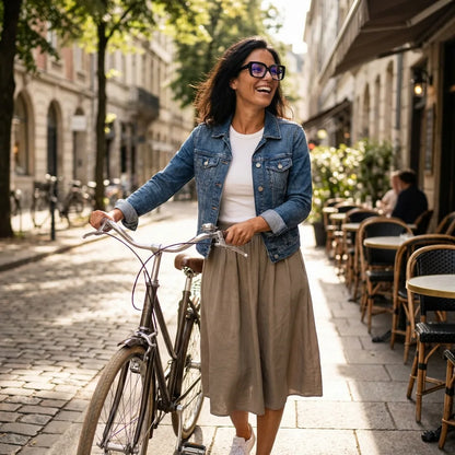 Lentes ópticos Domi Negro mujer en bicicleta vintage café urbano Bonoboss #editorial_lifestyle2 #color_negro