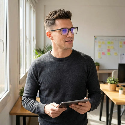Lentes ópticos Don Eduardo Marble hombre profesional en coworking moderno Bonoboss #editorial_lifestyle3 #color_marble