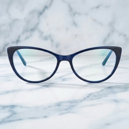 Lentes ópticos Emily Azul sobre mármol blanco elegante calidad premium receta Bonoboss #editorial_banner_confianza #color_azul