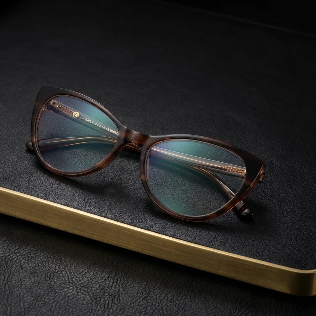 Lentes ópticos Emily Brown sobre cuero negro con detalle brass dorado calidad premium receta Bonoboss #editorial_banner_confianza #color_brown