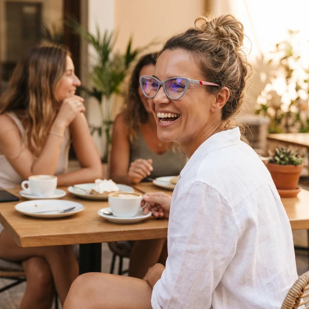 Lentes ópticos Emma Gris mujer en café con amigas ambiente social Bonoboss #editorial_lifestyle1 #color_gris