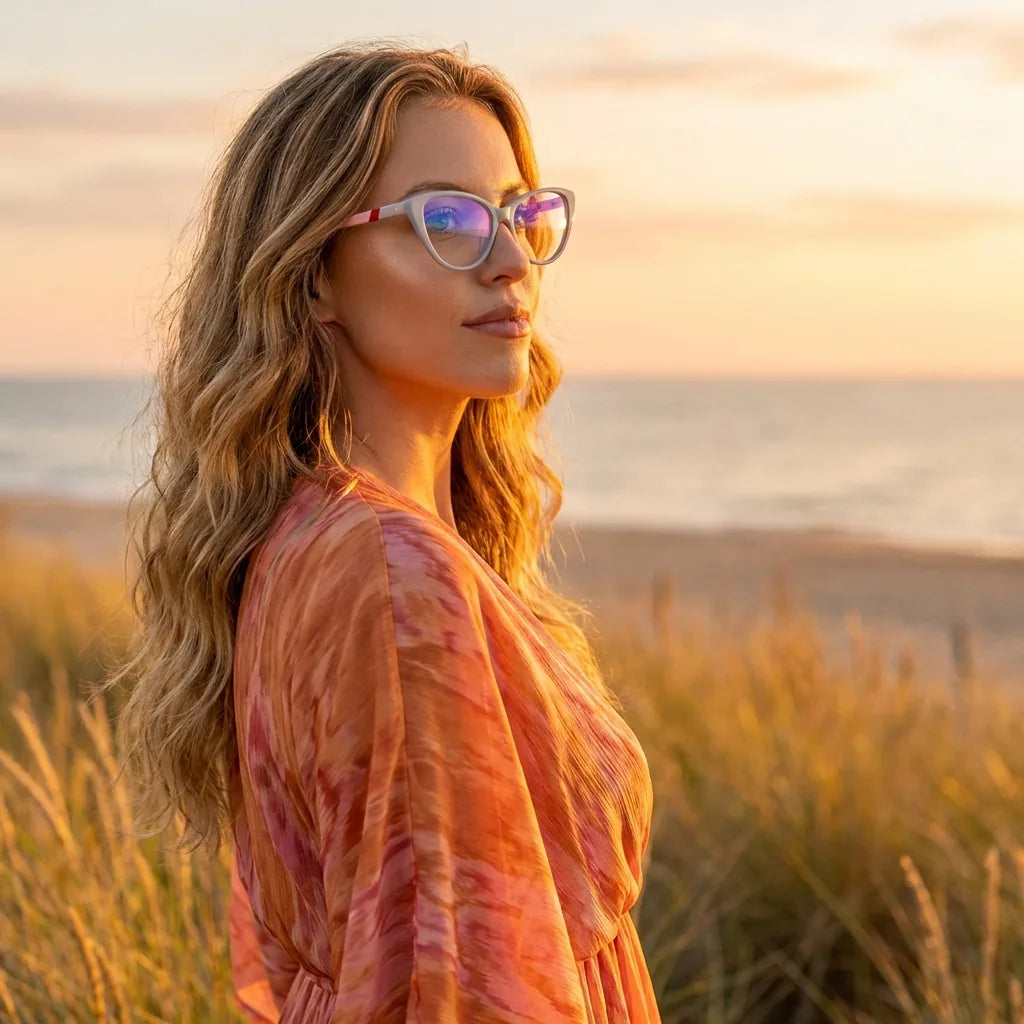 Lentes ópticos Emma Gris mujer en luz dorada golden hour elegante Bonoboss #editorial_lifestyle2 #color_gris