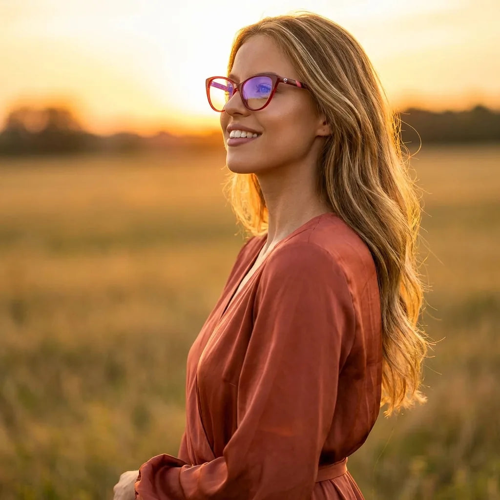 Lentes ópticos Emma Rojo mujer en luz dorada golden hour elegante Bonoboss #editorial_lifestyle1 #color_rojo